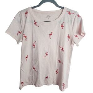 J Crew Womens Embroidered Pink Flamingo Crew Neck T-Shirt Size M Preppy Resort